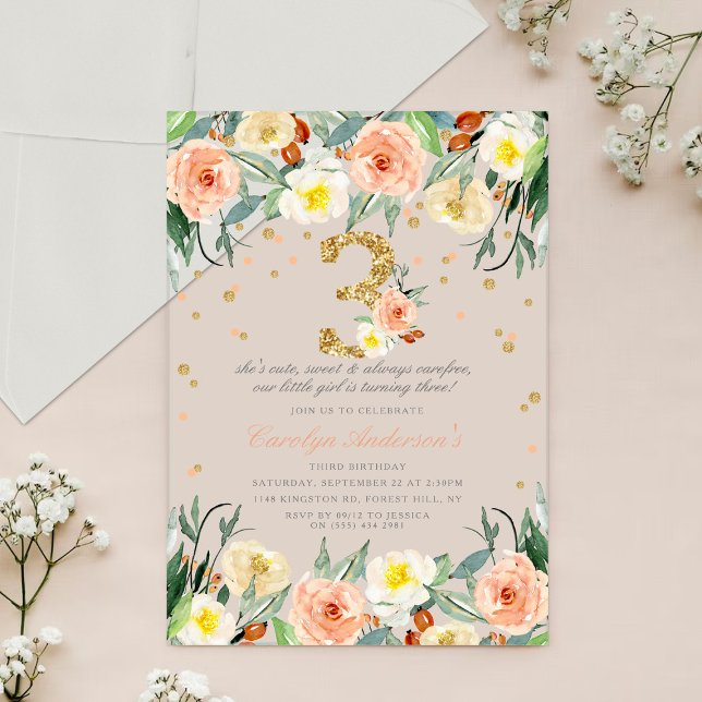 Invitations En Acrylique Elégante Floral Girls 3e anniversaire (Créateur téléchargé)
