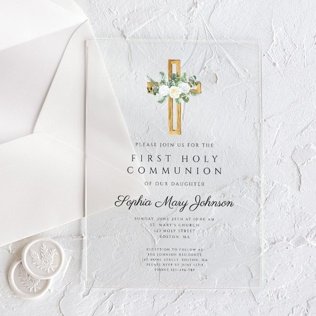 Invitations En Acrylique Élégante florale pivoines Fille première communion (Elegant Floral Peonies Girl First Communion Acrylic Invitations)