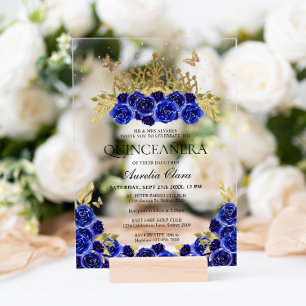 Invitations En Acrylique Elégante Glam Blue Floral Or Tiara Quinceanera