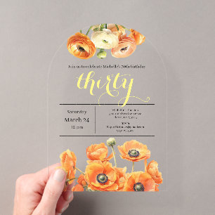 Invitations En Acrylique Elégante Jardin Orange Fleurs 30ème anniversaire