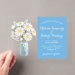 Invitations En Acrylique Elégante marguerite blanche Mason Jar Mariage Bleu