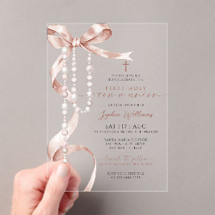 Invitations En Acrylique Élégante Mocha Bow & Rosary Première sainte commun