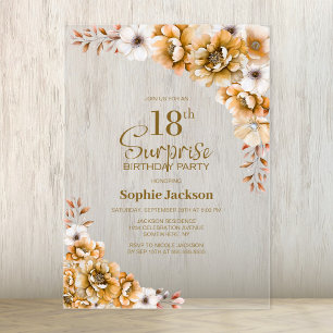 Invitations En Acrylique Élégante Orange Floral Surprise 18ème anniversaire