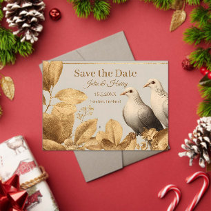 Invitations En Acrylique Élégante paire de colombes avec feuille d'or Save