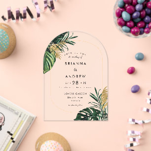 Invitations En Acrylique Elégante, Palme Verte, Bordure Or (Imitation)