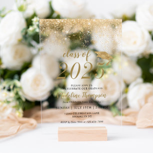 Invitations En Acrylique Élégante Parties scintillant Black Gold Casquette