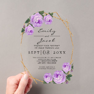 Invitations En Acrylique Elégante Parties scintillant d'or Géométrique Purp