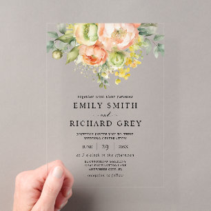 Invitations En Acrylique Elégante Pêche & Verdure Floral Foliage Mariage