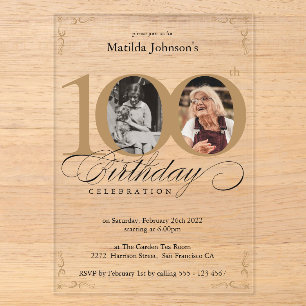 Invitations En Acrylique Elégante photo personnalisée 100e fête d'anniversa