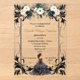 Invitations En Acrylique Élégante Quinceañera Florale Noire