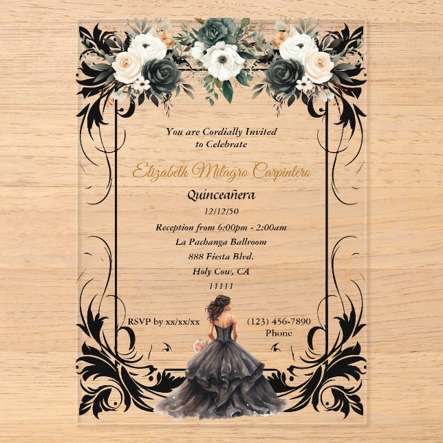Invitations En Acrylique Élégante Quinceañera Florale Noire (Recto)