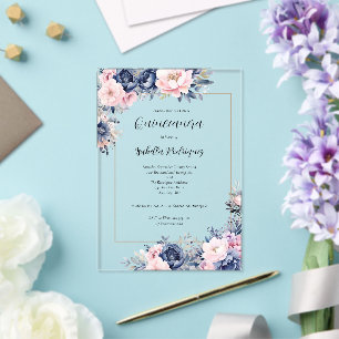 Invitations En Acrylique Élégante Quinceanera Formel Navy Rose Floral