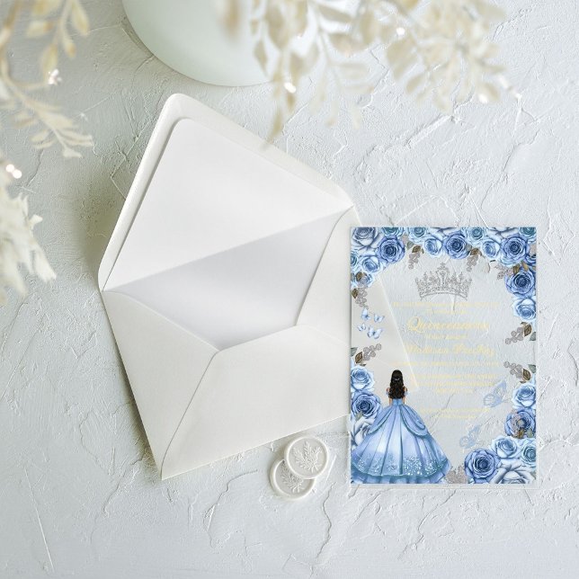 Invitations En Acrylique Elégante Quinceanera Papillon Floral bleu Dusty (Créateur téléchargé)