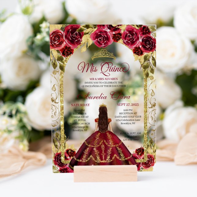 Invitations En Acrylique Elégante Red Floral Princess Gold Arch Quinceanera (Créateur téléchargé)