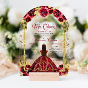 Invitations En Acrylique Elégante Red Floral Princess Gold Arch Quinceanera