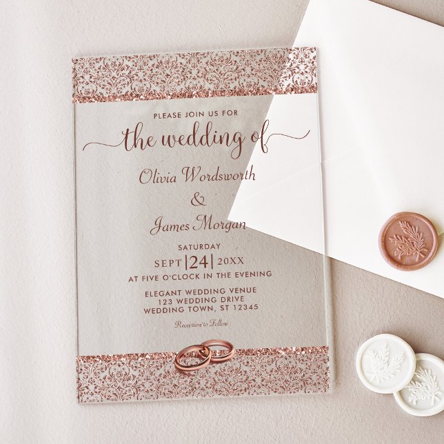 Invitations En Acrylique Elégante Rose Gold Parties scintillant Mariage dam (Créateur téléchargé)