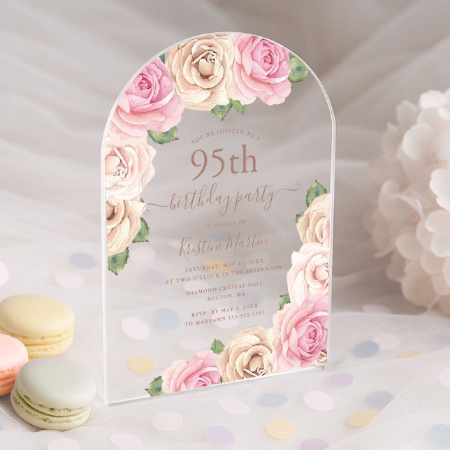 Invitations En Acrylique Elégante Rose Rose Floral Arch 95e fête d'annivers (Elegant pink rose acrylic arch 95th birthday party invitation for women)