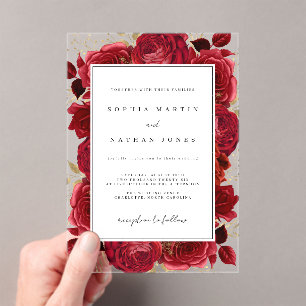 Invitations En Acrylique Élégante Rose Rouge Et Or Claire Mariage
