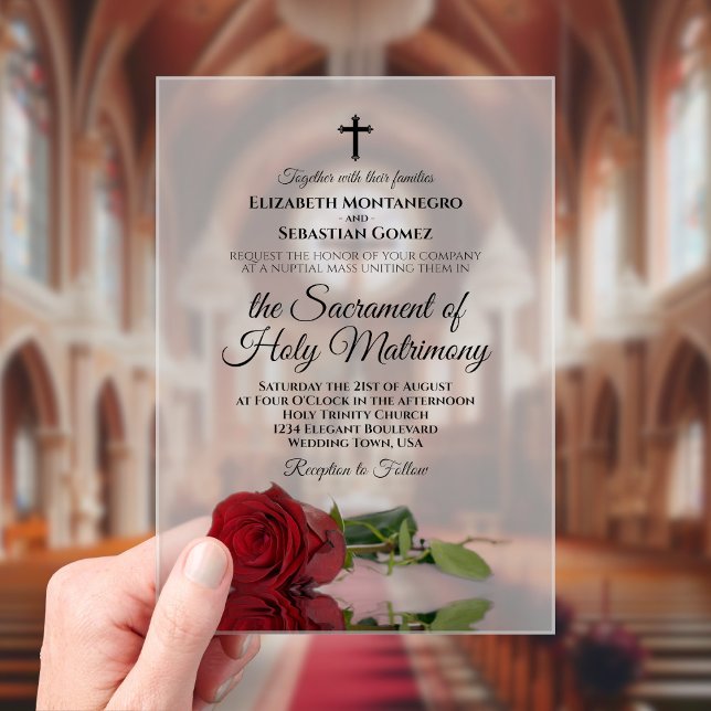 Invitations En Acrylique Élégante Rose rouge Mariage catholique moderne (Frosted Acrylic with Rectangle Cut)