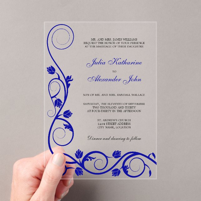 Invitations En Acrylique Elégante Royal Blue et White Swirls (In situ (ordinateur de poche))