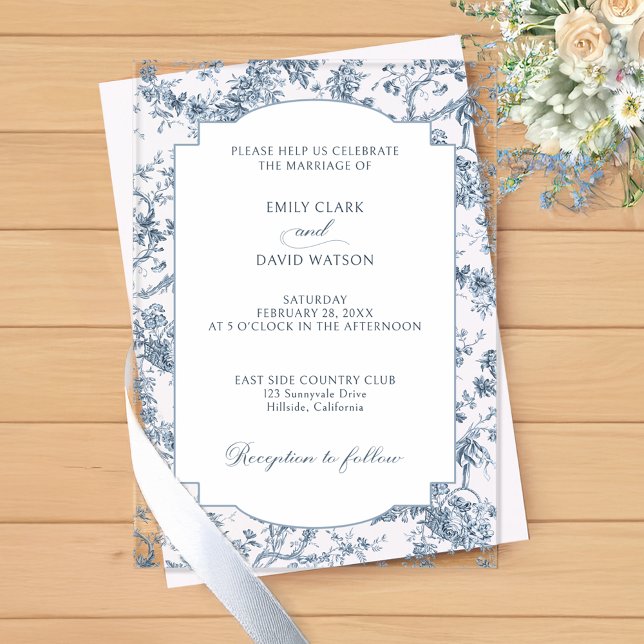 Invitations En Acrylique Élégante toile Florale Bleue Française Gravée (Créateur téléchargé)
