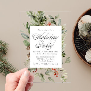 Invitations En Acrylique Élégante verdure et baies de houx Fête de fin d'an