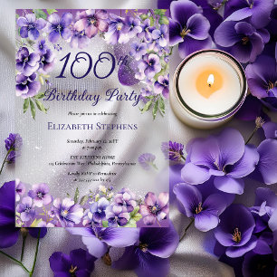 Invitations En Acrylique Élégante Violet Violet Floral 100e fête d'annivers