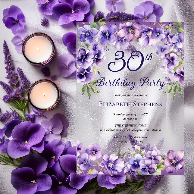 Invitations En Acrylique Élégante Violette violette Florale 30e fête d'anni (Elegant Purple Violets Floral 30th Birthday Party Acrylic Invitations)