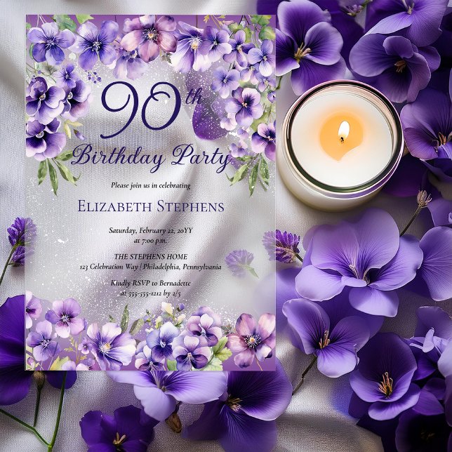 Invitations En Acrylique Élégante Violette violette Florale 90ème anniversa (Elegant Purple Violets Floral 90th Birthday Party Acrylic Invitations)