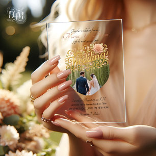 Invitations En Acrylique Élégantes Dahlias Rose Mariage Photo Script Doré