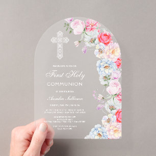 Invitations En Acrylique Élégantes fleurs aquarelles arche Première Communi