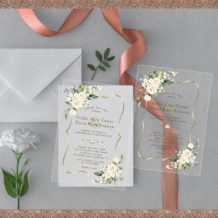 Invitations En Acrylique Élégantes Fleurs Blanches Délicates Mariage Or