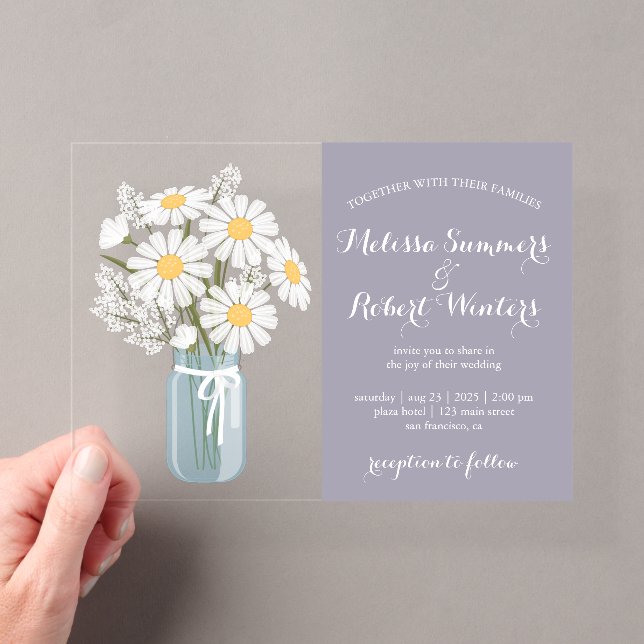 Invitations En Acrylique Élégantes marguerites blanches Mason Jar Mariage L (In situ (ordinateur de poche))