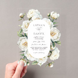 Invitations En Acrylique Élégantes Pivoines Blanches Floral Aquarelle Maria