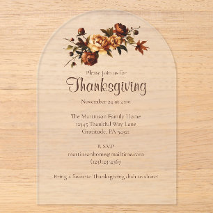 Invitations En Acrylique Élégantes Roses Brunes d'Automne Fleur de Thanksgi