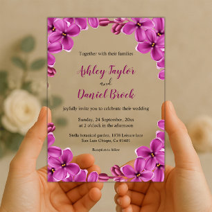 Invitations En Acrylique Élégantes Roses d'Orchidée Violette Mariage Floral