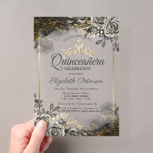 Invitations En Acrylique Élégantes Roses Noires Gothiques Quinceañera