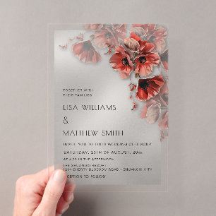 Invitations En Acrylique Élégants Fleurs Rouges Argentées Transparentes Mar