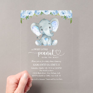 Invitations En Acrylique Éléphant, Fleurs Aquarelle Bleue, Baby Shower
