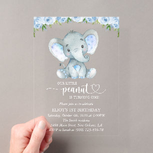 Invitations En Acrylique Éléphant, fleurs aquarelle bleue, premier annivers