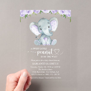 Invitations En Acrylique Éléphant, Fleurs Aquarelle Violettes, Baby Shower
