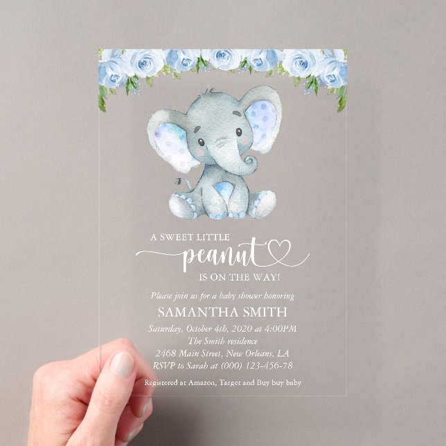 Invitations En Acrylique Eléphant, Fleurs d'aquarelle bleue, Baby shower (In situ (ordinateur de poche))