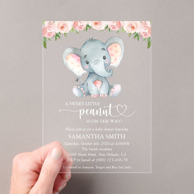 Invitations En Acrylique Eléphant, Fleurs d'aquarelle rose, Baby shower (In situ (ordinateur de poche))