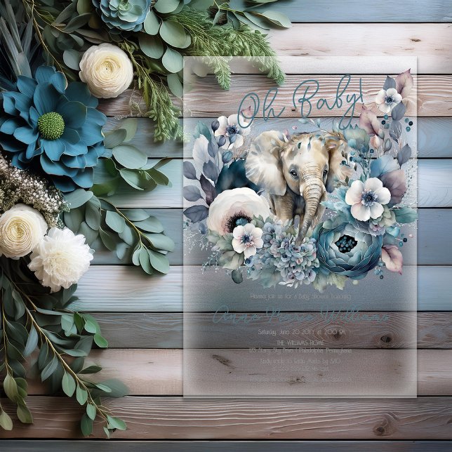 Invitations En Acrylique Elephant Oh Baby Baby shower Floral bleu (Elephant Oh Baby Blue Floral Baby Shower Acrylic Invitations)
