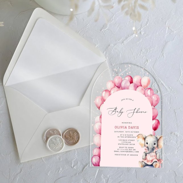 Invitations En Acrylique Eléphant rose et Baby shower de ballon pour fille (Créateur téléchargé)