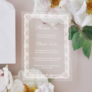 Invitations En Acrylique Elle a dit oui Élégant Lace de mariage en ivoire 