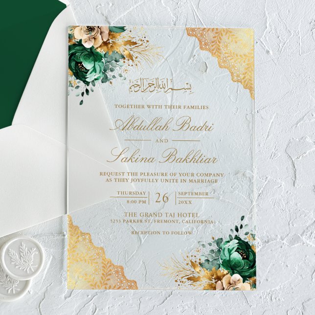 Invitations En Acrylique Emerald Floral Gold Lace Muslim Wedding (Créateur téléchargé)