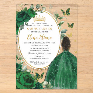 Invitations En Acrylique Emerald Green Floral Brown Princesse Quinceañera