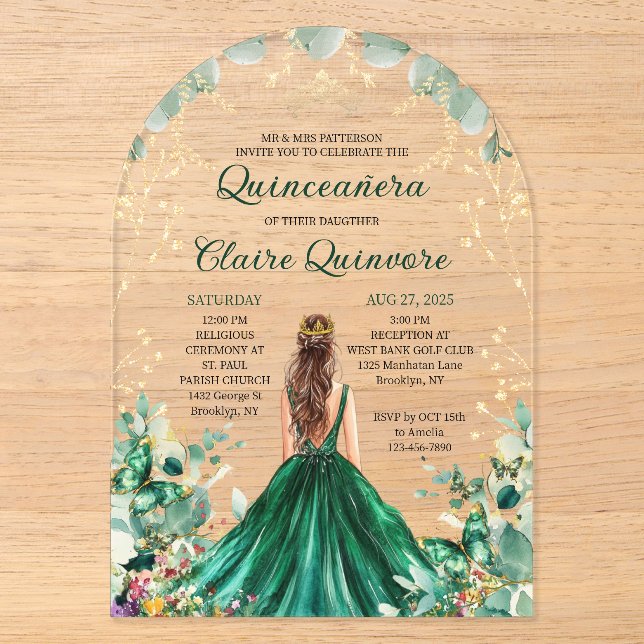 Invitations En Acrylique Emerald Green Floral Princess Quinceanera (Recto)