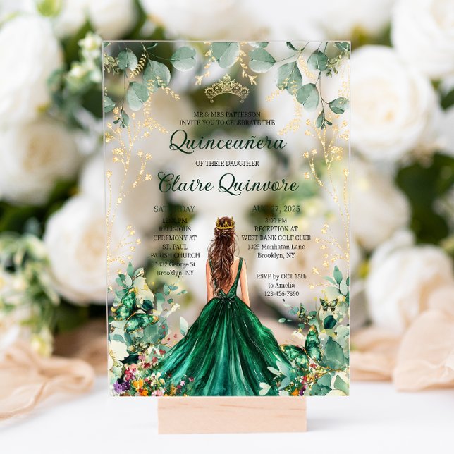 Invitations En Acrylique Emerald Green Floral Princess Quinceanera (Créateur téléchargé)